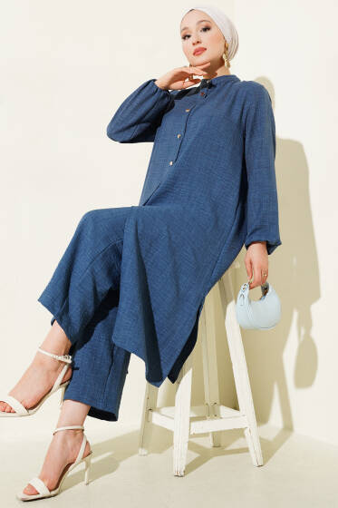 Hakim Yaka Uzun Tunik İkili Takım Indıgo - İkili Takım
