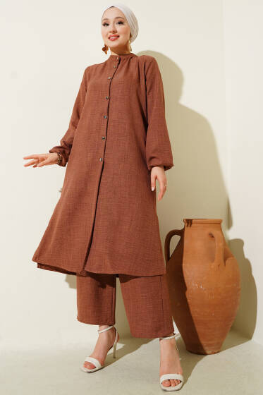 Hakim Yaka Uzun Tunik İkili Takım Kahve - İkili Takım
