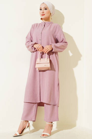 Hakim Yaka Uzun Tunik İkili Takım Pudra - İkili Takım