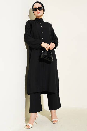 Hakim Yaka Uzun Tunik İkili Takım Siyah - İkili Takım