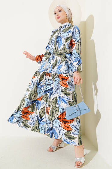 Hakim Yaka Yaprak Desen Elbise İndigo - Elbise