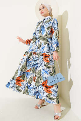 Hakim Yaka Yaprak Desen Elbise İndigo - Tesettür Elbise