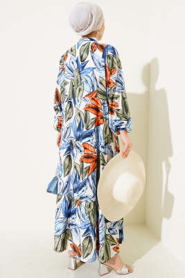 Hakim Yaka Yaprak Desen Elbise İndigo - Tesettür Elbise