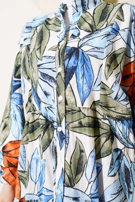 Hakim Yaka Yaprak Desen Elbise İndigo - Tesettür Elbise