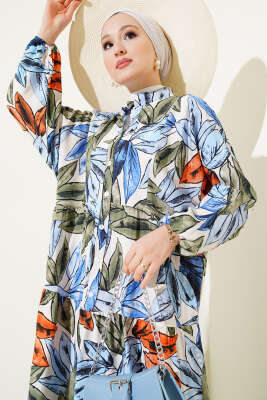 Hakim Yaka Yaprak Desen Elbise İndigo - Tesettür Elbise