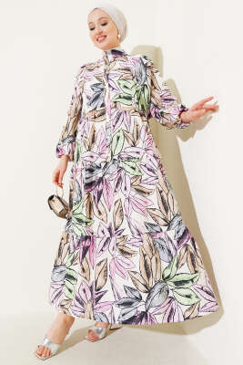 Hakim Yaka Yaprak Desen Elbise Pembe 