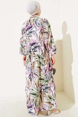 Hakim Yaka Yaprak Desen Elbise Pembe - Tesettür Elbise