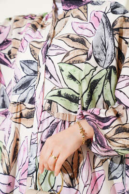 Hakim Yaka Yaprak Desen Elbise Pembe - Tesettür Elbise