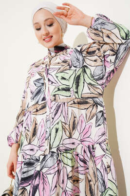 Hakim Yaka Yaprak Desen Elbise Pembe - Tesettür Elbise