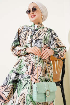 Hakim Yaka Yaprak Desen Elbise Yeşil - Tesettür Elbise