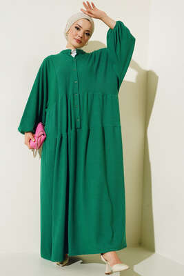 Hakim Yaka Yarı Patlı Düğmeli Elbise Yeşil - Thumbnail