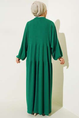 Hakim Yaka Yarı Patlı Düğmeli Elbise Yeşil - Thumbnail