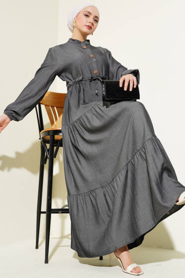 Hakim Yaka Yarım Düğmeli Elbise Füme - Elbise