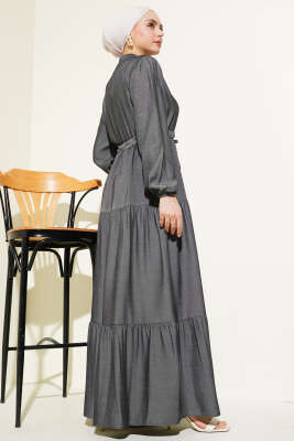 Hakim Yaka Yarım Düğmeli Elbise Füme - Tesettür Elbise