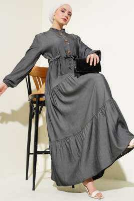 Hakim Yaka Yarım Düğmeli Elbise Füme 