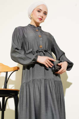 Hakim Yaka Yarım Düğmeli Elbise Füme - Tesettür Elbise