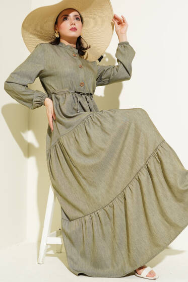 Hakim Yaka Yarım Düğmeli Elbise Haki - Elbise