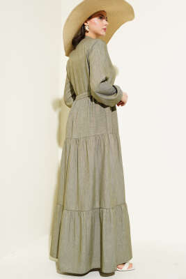 Hakim Yaka Yarım Düğmeli Elbise Haki - Tesettür Elbise