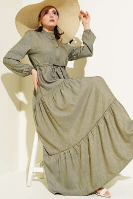 Hakim Yaka Yarım Düğmeli Elbise Haki - Tesettür Elbise