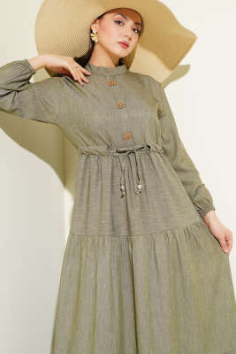 Hakim Yaka Yarım Düğmeli Elbise Haki - Tesettür Elbise