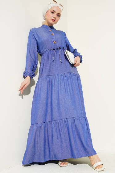 Hakim Yaka Yarım Düğmeli Elbise İndigo - Elbise