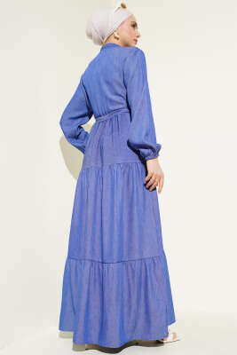 Hakim Yaka Yarım Düğmeli Elbise İndigo - Tesettür Elbise