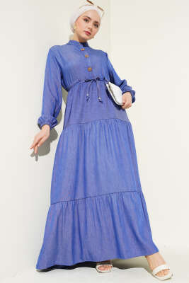 Hakim Yaka Yarım Düğmeli Elbise İndigo 