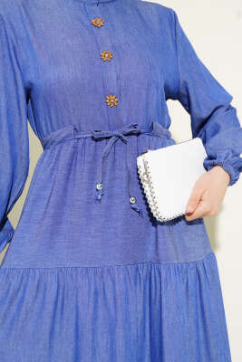 Hakim Yaka Yarım Düğmeli Elbise İndigo - Tesettür Elbise