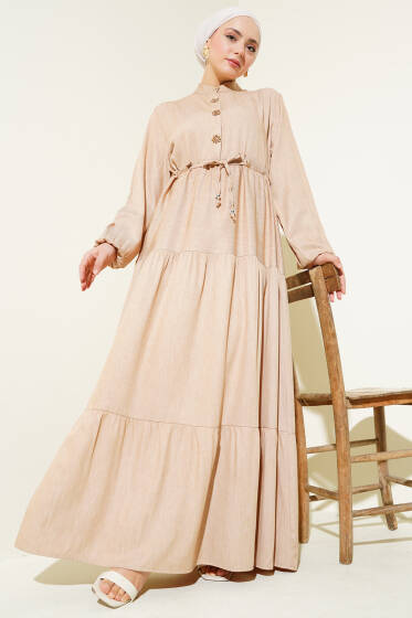 Hakim Yaka Yarım Düğmeli Elbise Latte - Elbise