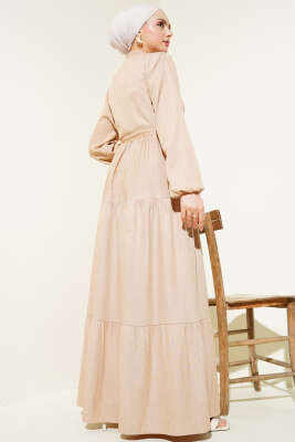 Hakim Yaka Yarım Düğmeli Elbise Latte - Tesettür Elbise