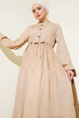 Hakim Yaka Yarım Düğmeli Elbise Latte - Tesettür Elbise