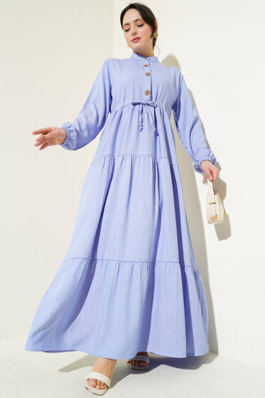 Hakim Yaka Yarım Düğmeli Elbise Mavi - Elbise