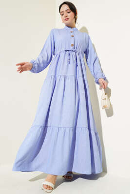 Hakim Yaka Yarım Düğmeli Elbise Mavi 