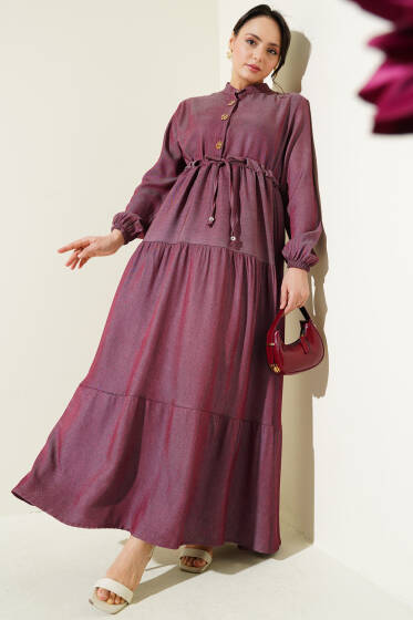 Hakim Yaka Yarım Düğmeli Elbise Mürdüm - Elbise