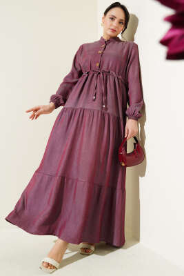 Hakim Yaka Yarım Düğmeli Elbise Mürdüm 