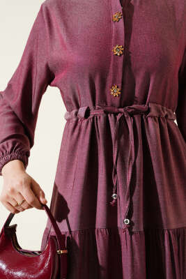 Hakim Yaka Yarım Düğmeli Elbise Mürdüm - Tesettür Elbise