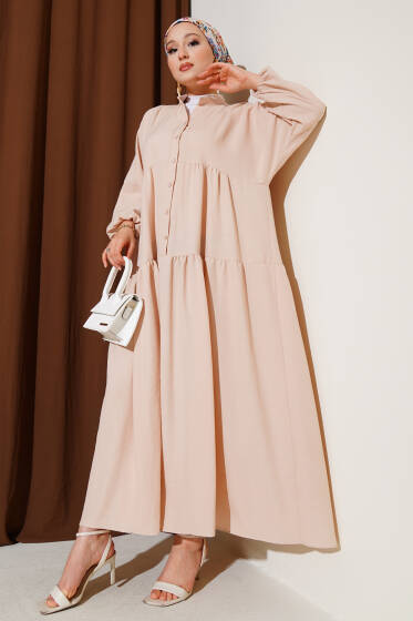Hakim Yaka Yarım Düğmeli Patlı Elbise Bej - Elbise