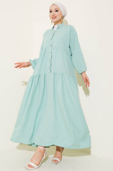Hakim Yaka Yarım Düğmeli Patlı Elbise Çağla Yeşili - Elbise