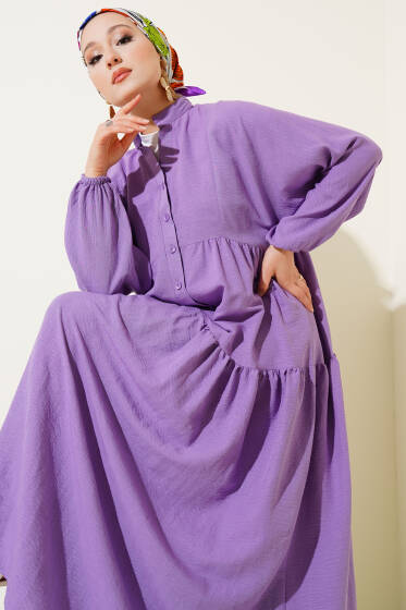 Hakim Yaka Yarım Düğmeli Patlı Elbise Lila - Elbise