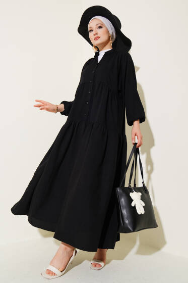 Hakim Yaka Yarım Düğmeli Patlı Elbise Siyah - Elbise