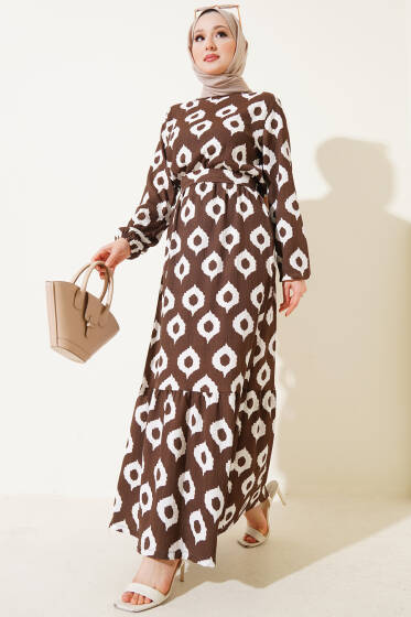 Halka Desen Kuşaklı Bürümcük Elbise Kahve - Elbise