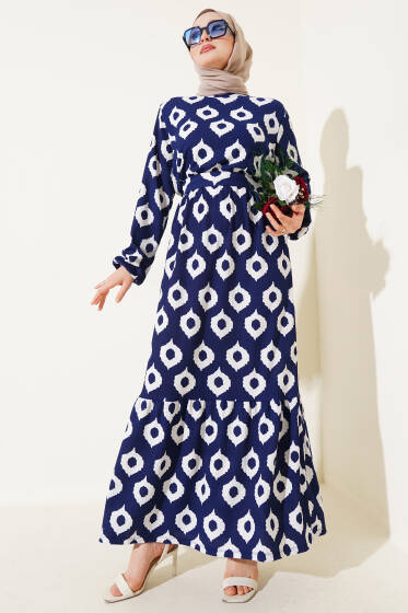 Halka Desen Kuşaklı Bürümcük Elbise Lacivert - Elbise