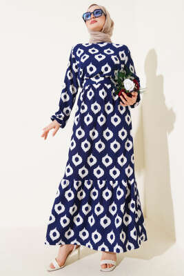 Halka Desen Kuşaklı Bürümcük Elbise Lacivert - Tesettür Elbise
