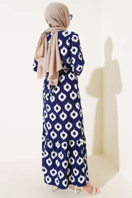 Halka Desen Kuşaklı Bürümcük Elbise Lacivert - Tesettür Elbise
