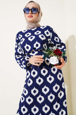 Halka Desen Kuşaklı Bürümcük Elbise Lacivert - Tesettür Elbise