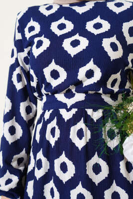 Halka Desen Kuşaklı Bürümcük Elbise Lacivert - Tesettür Elbise