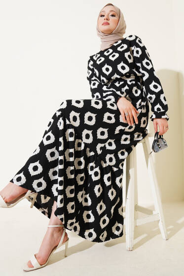 Halka Desen Kuşaklı Bürümcük Elbise Siyah - Elbise