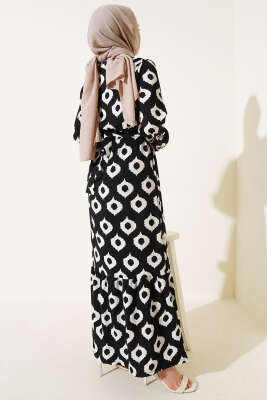 Halka Desen Kuşaklı Bürümcük Elbise Siyah - Tesettür Elbise