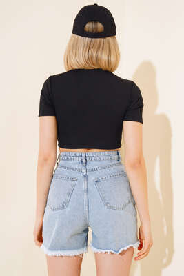 Halka Detaylı Crop Top Siyah - Kadın Giyim Modelleri