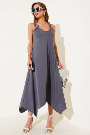 Halka Detaylı V Yaka Elbise Antrasit - Kadın Giyim Modelleri